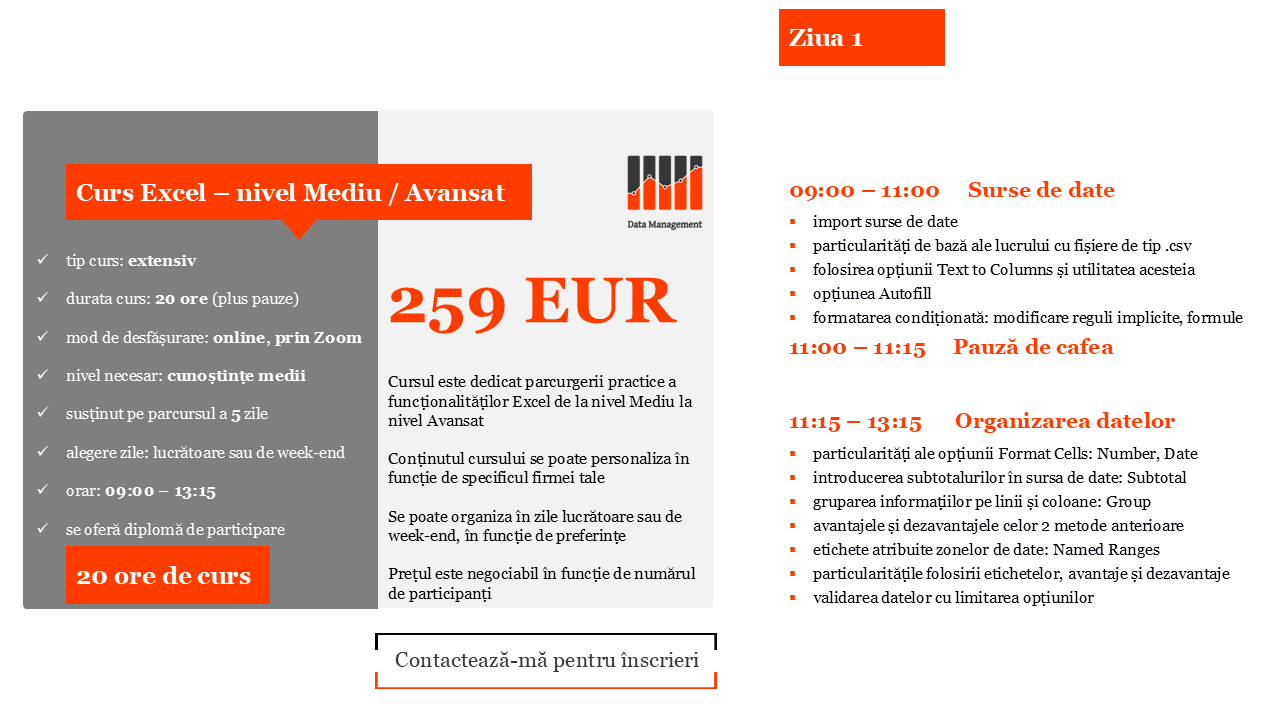Curs Excel – nivel Mediu / Avansat Ziua 1